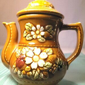 Vtg 1950s Japanese Ceramic Floral Syrup Pitcher - Mustard Gold Embossed - 6"